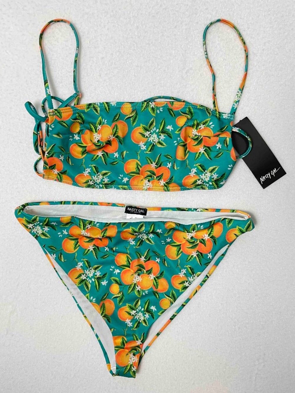Nasty Gal NWT Orange Print Strappy Back High Leg Bikini Set Teal Womens Size 8